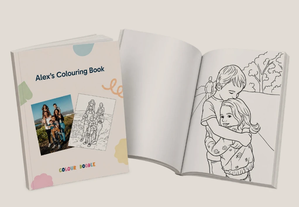 A personalised colouring book, Alex's Colouring Book, next to an open book showing a colouring page of two children hugging